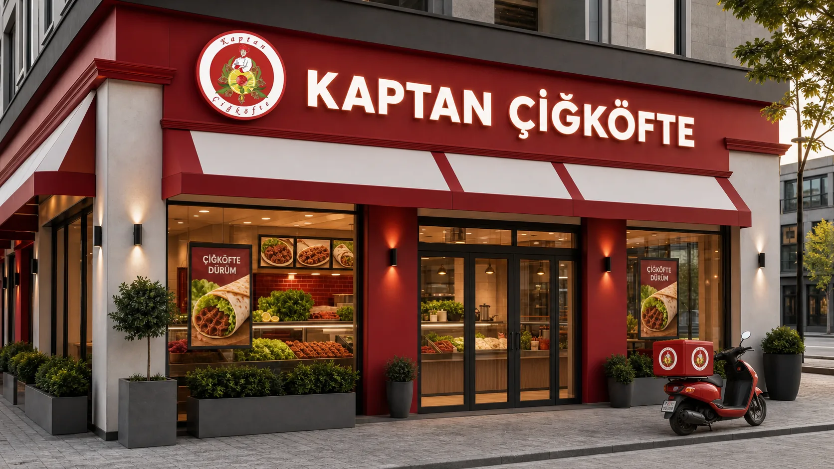 Kaptan tabelası, dürüm posterleri ve servis tezgâhıyla modern Kaptan Çiğköfte şubesi